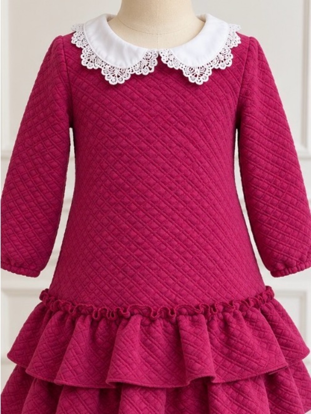 Janie and Jack - Girls' Burgundy Quilted Ruffle Dress with Lace Collar - Size 5